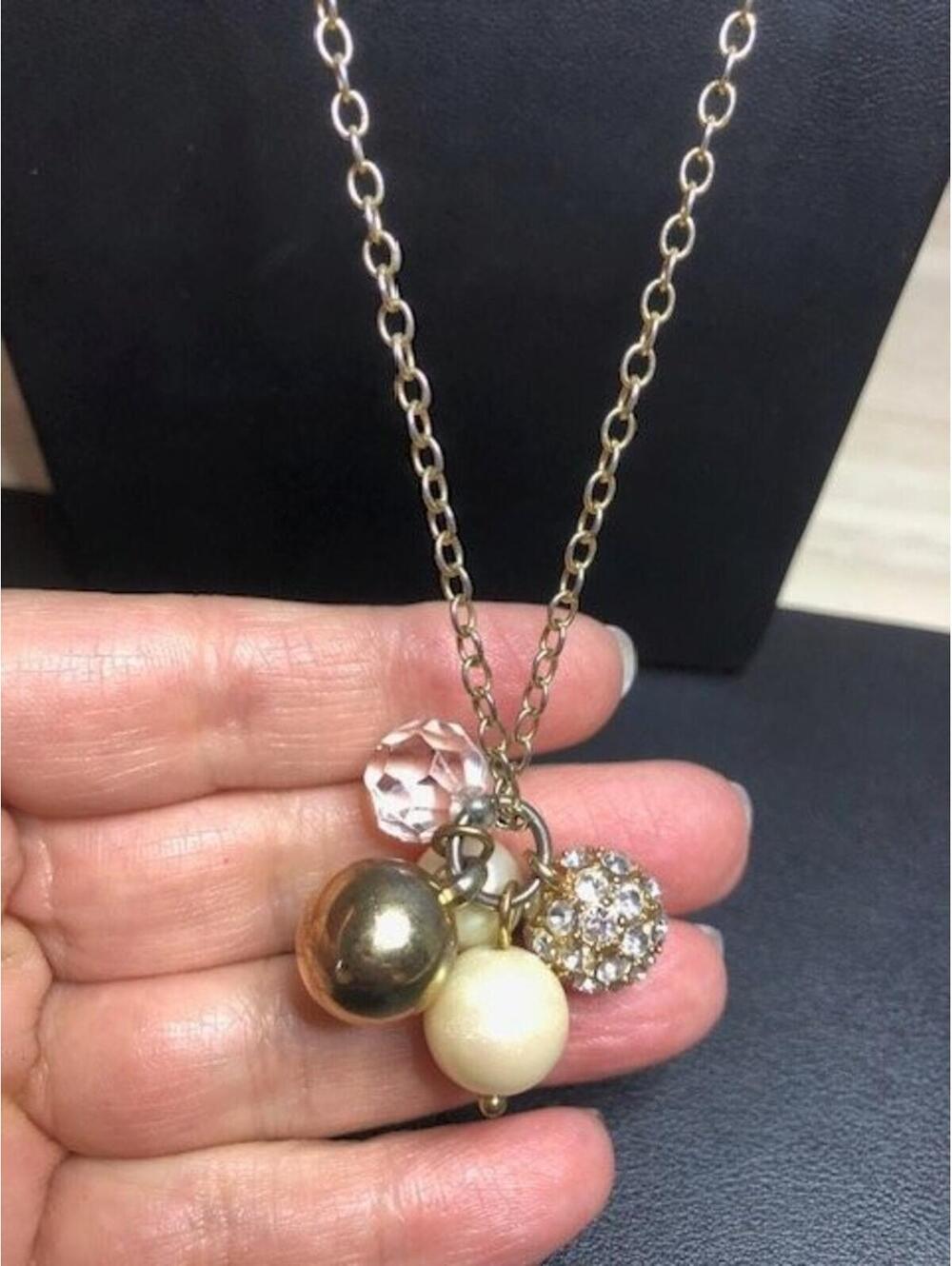 B4023 J.CREW Long Cluster Pendant Necklace 30" Gold Tone Faux Pearl Crystal